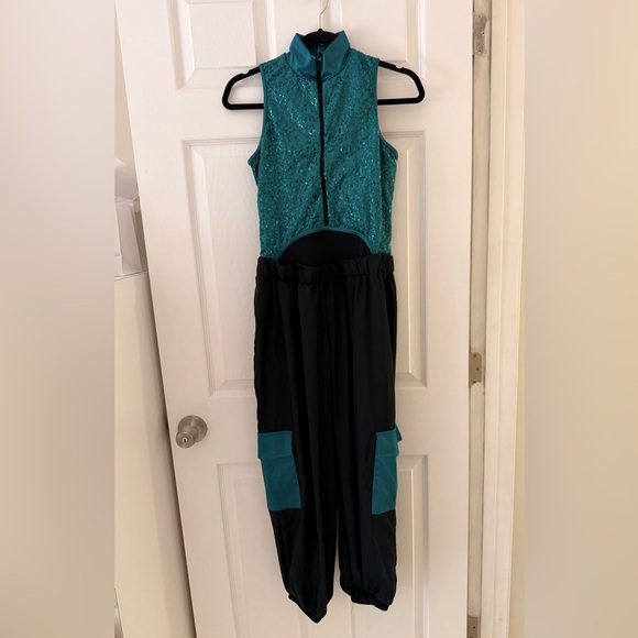 Weissman Dynamite! Teal and Black Dance Jumpsuit Youth - Picture 4 of 10